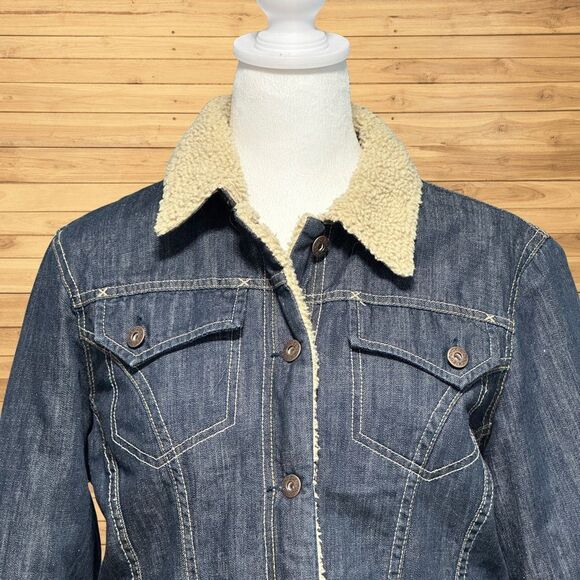 Dickies Work Womens Denim Jean Jacket Size L Blue Sherpa Lined - Picture 3 of 10